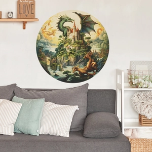 Round self-adhesive wall decal featuring a fantasy castle and dragons in a cozy living room