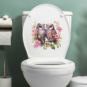 Stickers hiboux sur branches fleuries roses pour décor de couvercle de toilette WC