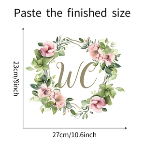 Detailed size guide for pink floral wreath WC toilet door sticker, 27cm x 23cm dimensions