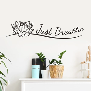 Minimalist black lotus flower wall decal with Just Breathe quote for home wall decor