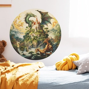Detail of round wall sticker with fantasy dragon and castle design for kids bedroom