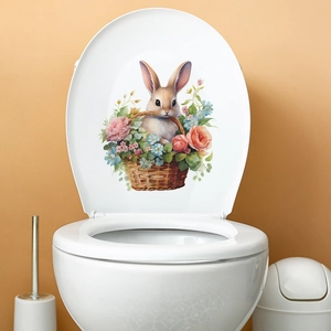 Cute brown bunny in flower basket wall sticker for bathroom toilet lid decoration