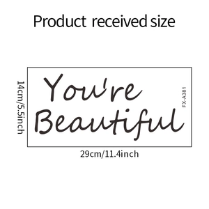 Detailed dimensions of You're Beautiful mirror wall decal showing 29cm width and 14cm height