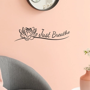 Minimalist lotus wall decal with Just Breathe quote for living room and bedroom decor