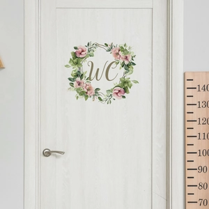 Floral WC sign wall sticker with pink flowers and gold lettering for restroom door decor