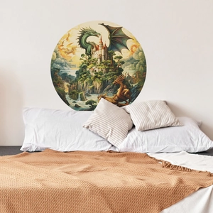 Self-adhesive round wall sticker featuring a fantasy dragon and castle for kids room