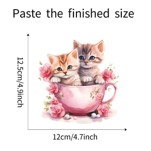 Detail view showing dimensions of cartoon cats in a teacup floral wall sticker