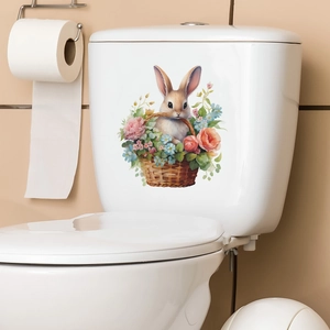 Cute rabbit in flower basket wall sticker for bathroom and toilet decoration