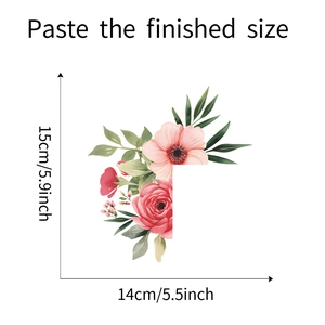 Detailed size specifications for pink peony floral wall sticker dimensions 15cm by 14cm