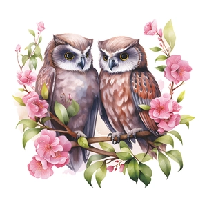 Détail de stickers hiboux avec fleurs roses et feuilles vertes sur fond blanc
