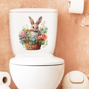 Cute bunny and flower basket toilet sticker for creative bathroom wall decoration