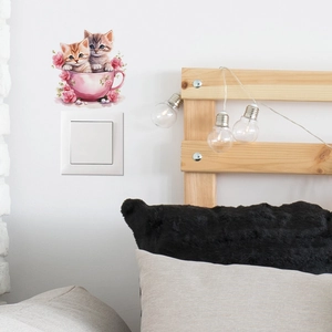 Cartoon kitten and pink teacup wall sticker for creative home switch decoration