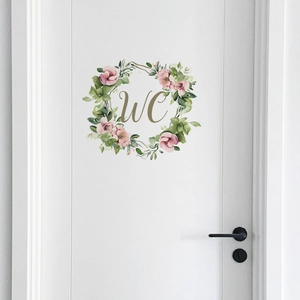 Floral wreath WC door sticker with pink flowers and gold letters for home decor