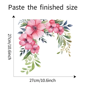 Detailed dimension guide showing watercolor pink floral toilet sticker at 27cm x 27cm size