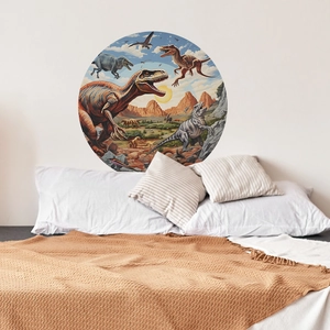 Realistic dinosaur world wall sticker with T-Rex and Triceratops in a kids bedroom