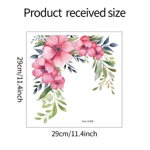 Detail of 29x29cm watercolor pink flower and green leaf sticker for bathroom decoration