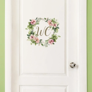 Floral wreath wall sticker with WC lettering for bathroom door decoration