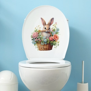 Cute Bunny In Flower Basket Toilet Lid Sticker Waterproof PVC Floral Rabbit Decal For Bathroom Home Easter Decor
