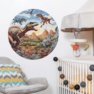 Realistic dinosaur world wall decals for nursery decor featuring T-Rex and prehistoric scenery