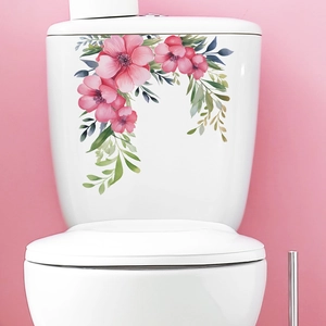 Watercolor pink flower and green leaf wall stickers for bathroom toilet decoration