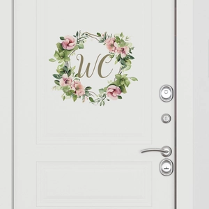 Floral Wreath WC Toilet Sign Wall Sticker PVC Self Adhesive Bathroom Door Decoration Floral Letter Art Decal Home Decor Removable