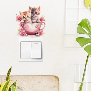 Cartoon kittens in pink teacups wall sticker for home light switch decoration