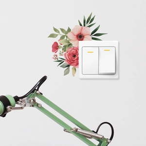 Detail showing pink peony flower wall stickers around a double light switch panel