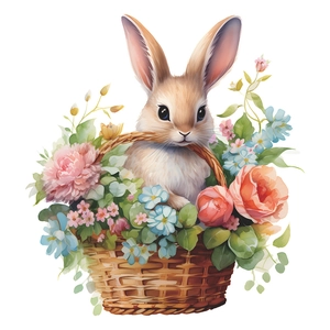 Detail of cute rabbit inside a flower basket waterproof wall sticker for bathroom decor