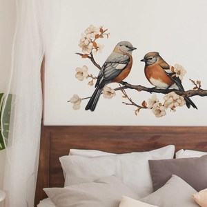 Self-adhesive wall sticker featuring colorful birds on plum blossom branches for bedroom decor