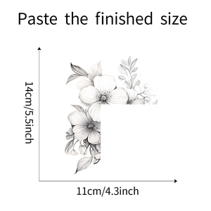 Detailed size guide for black and white floral wall stickers with dimensions 14x11cm