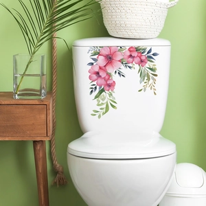 Watercolor Pink Flower Green Leaf Toilet Lid Sticker Waterproof PVC Bathroom Wall Decal Self Adhesive Home Decor