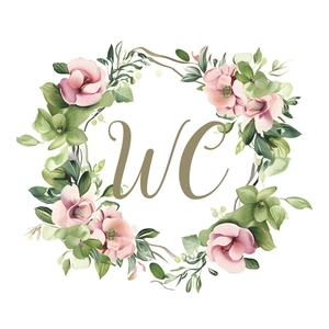 Floral wreath wall sticker with WC lettering and pink watercolor flowers decoration
