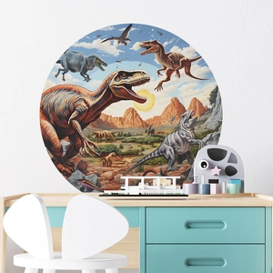 Round Dinosaur World Wall Sticker For Kids Room Prehistoric Landscape PVC Waterproof Decal Nursery Kindergarten Home Wall Decor