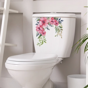 Waterweight pink floral and green leaf watercolor toilet wall stickers for bathroom decor