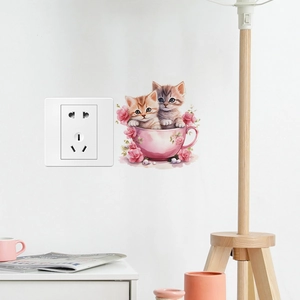 Cartoon cats in pink flower teacup wall stickers for home light switch decor