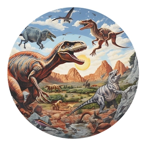 Colorful prehistoric dinosaur world circular wall sticker with T-Rex and Pterosaur illustrations