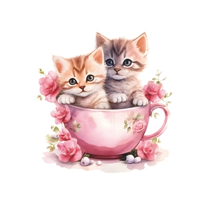 Cartoon kittens in pink teacup wall sticker with floral watercolor art for home decor