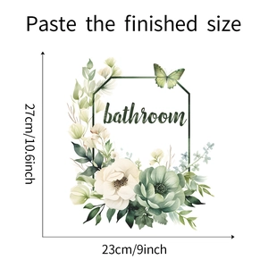 Detailed view of floral bathroom wall sticker with green plants and size measurements