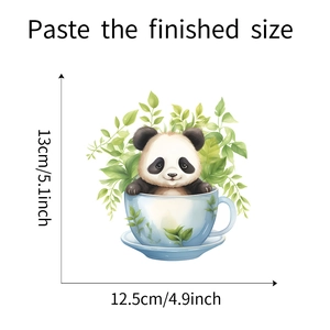 Detail showing red panda in teacup wall sticker dimensions 13cm by 12.5cm size guide