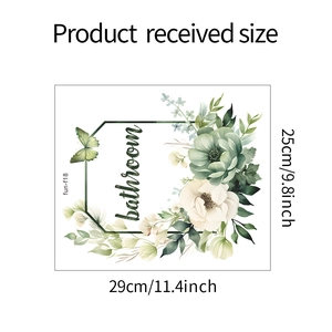 Detail of floral bathroom wall sticker with green leaves and bathroom lettering