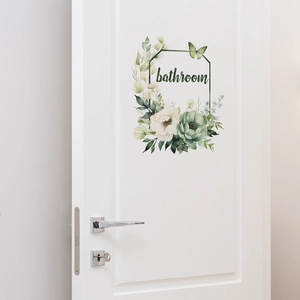Floral bathroom wall decal with watercolor flowers and green leaf decorative border