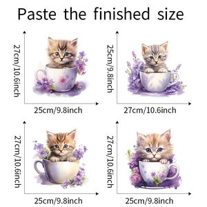 Detailed sheet showing 4 cute cat and purple flower toilet stickers with dimensions