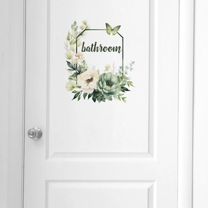 Floral bathroom wall sticker with green leaves and black hexagonal border for home decor