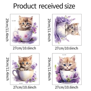Detailed view of four cute cat and flower wall stickers with exact product dimensions