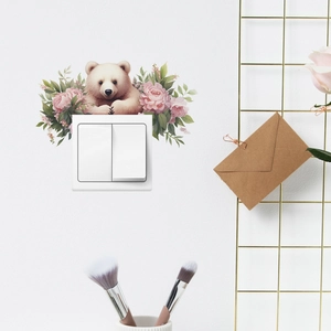 Autocollant d'Interrupteur en PVC Ours de Dessin Animé et Fleurs Roses Sticker Mural Imperméable pour Décoration de Maison