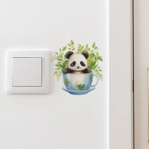 Cute panda in teacup wall sticker with green leaves for home light switch decor