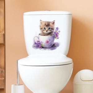 Cute watercolor cat and purple flower decal applied on white ceramic toilet tank surface