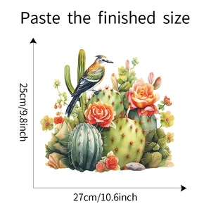 Detailed size view of tropical bird and cactus wall decal with finished dimensions and measurements