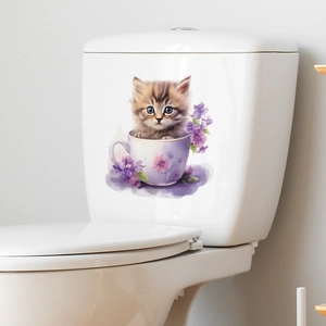 Cartoon cat in purple floral teacup decorative waterproof PVC toilet wall sticker