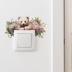 Stickers muraux ours de dessin animé et roses roses pour décoration d'interrupteur